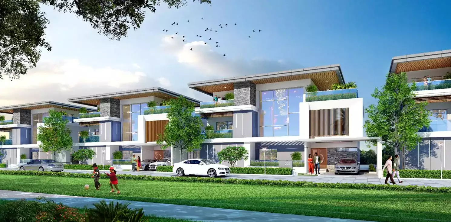 East street view of Fleetwood villas showing wide internal roads and landscaping
